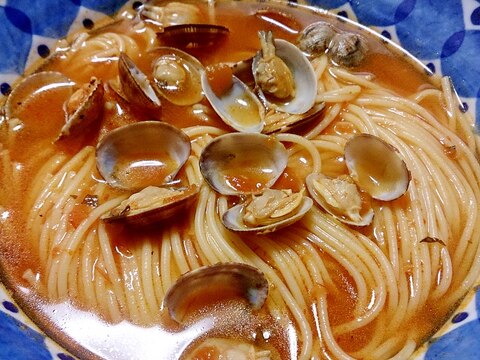 簡単!!市販のトマトソースでアサリのスープパスタ